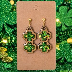 Handmade Resin Glitter Double Shamrock Earrings